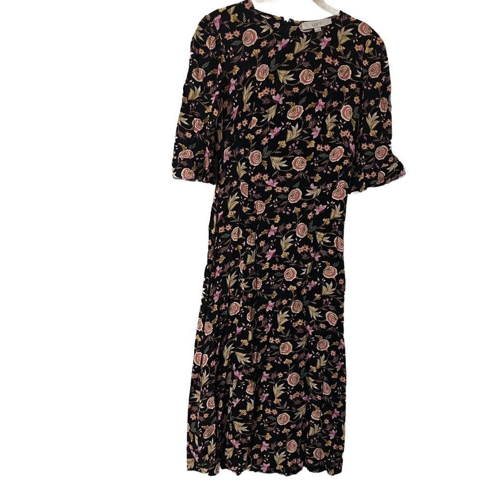 LOFT Classy Black Midi Dress with Pink and Green Floral Pattern Size 0 pockets